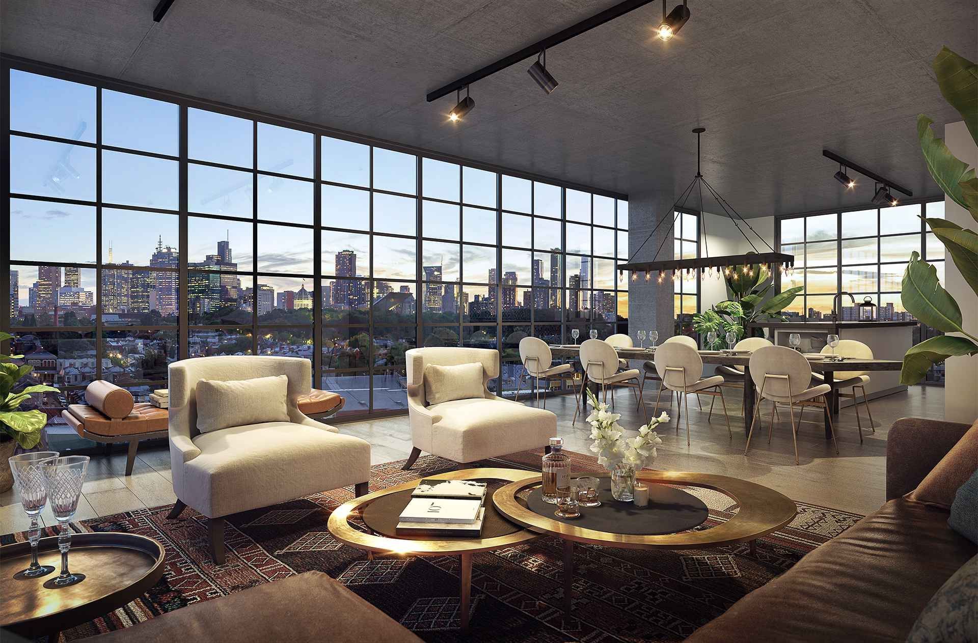 An artist 's impression of a living room with a couch and chairs