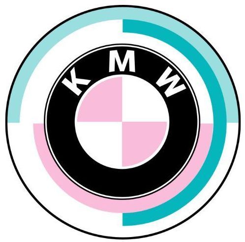 A bmw logo with pink and blue circles around it