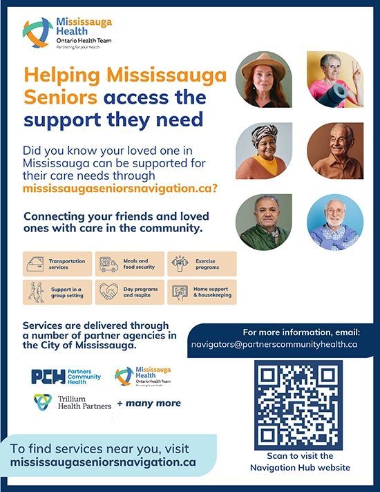 Poster for Mississauga Health, helping seniors. Includes website, photos, and services.