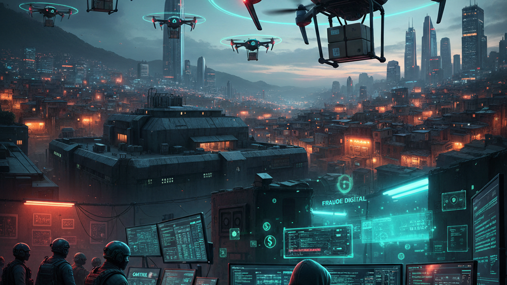 Digital future landscape of a city with drones and computers using AI