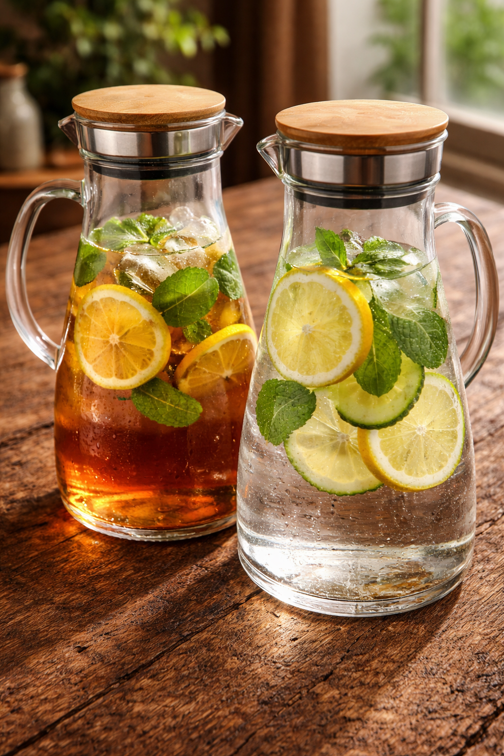 Dos jarras de cristal con hielo, limón y menta. Una tiene té y la otra agua.