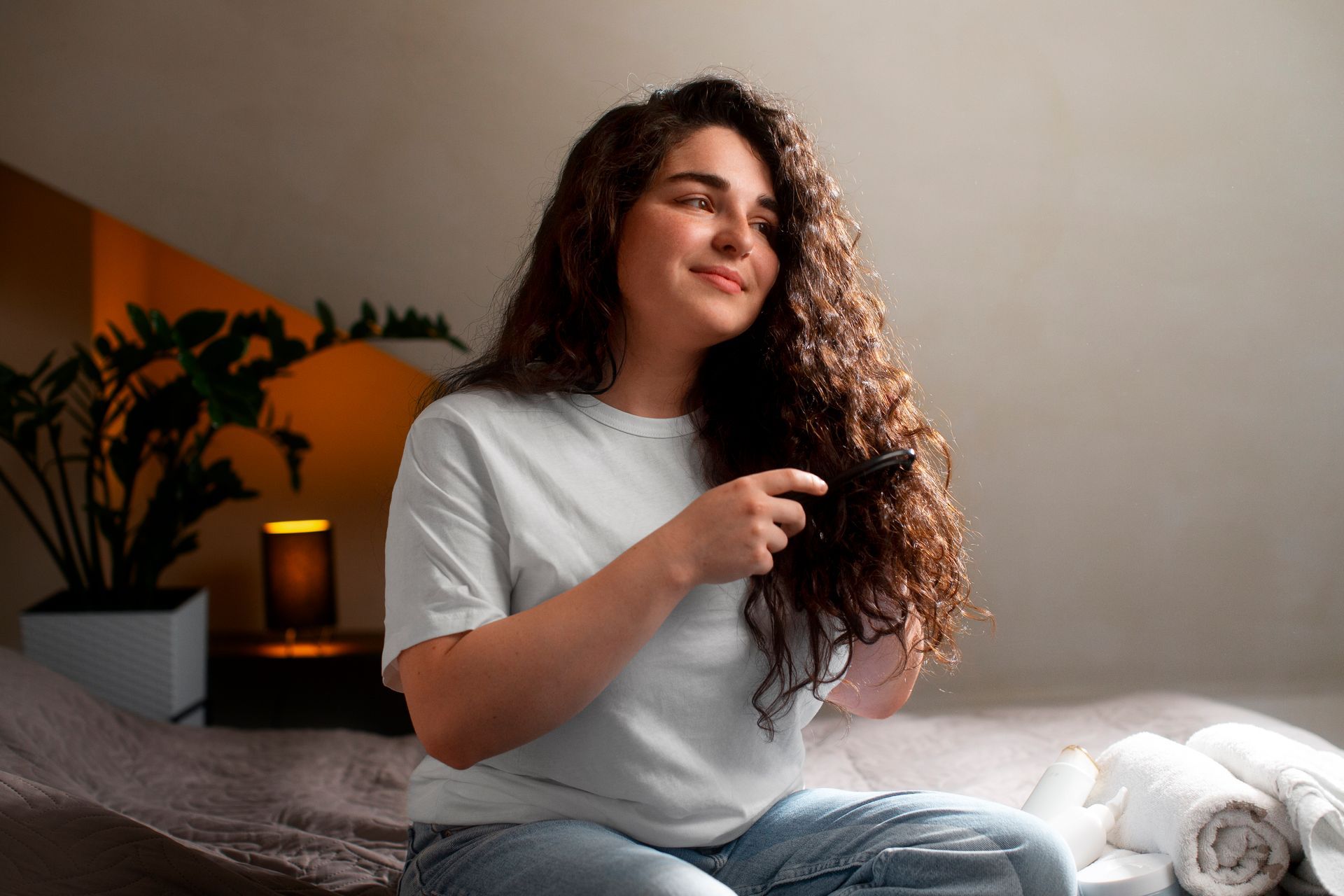 A woman is brushing her curly hair while sitting on a bed.