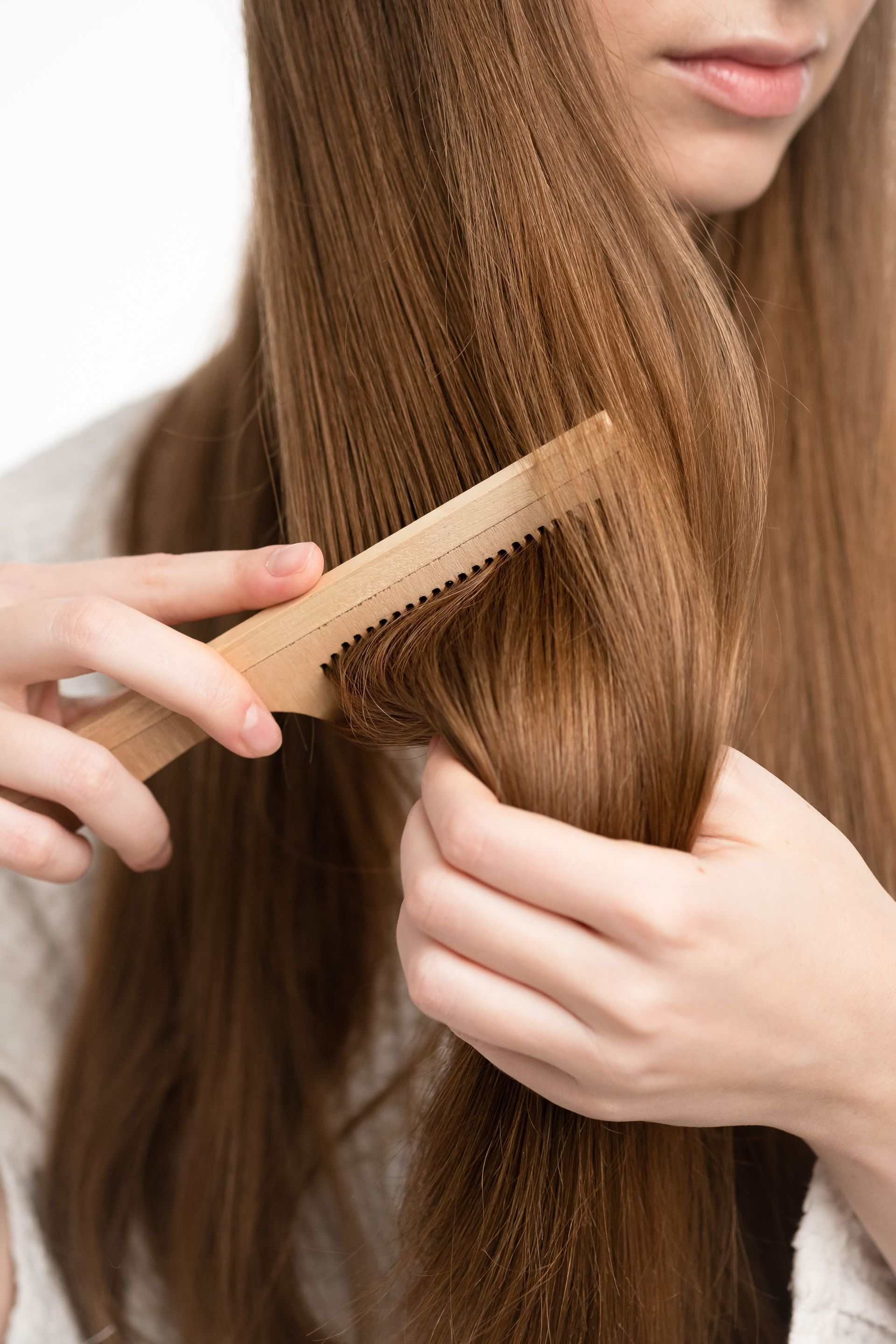 A woman is brushing her hair with a wooden comb.