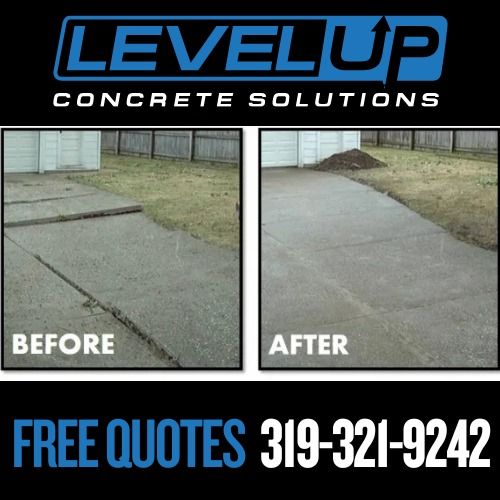 Before and after photos of a concrete driveway repair;