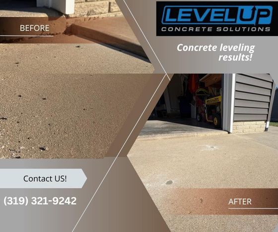 Before and after photos showing concrete leveling. The after photo shows a level surface. A company logo and contact info.