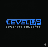 Level Up Concrete Concepts logo on black: blue text with arrow, silver outline.