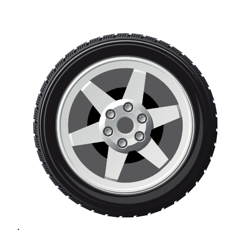 A cartoon illustration of a car wheel with five spokes