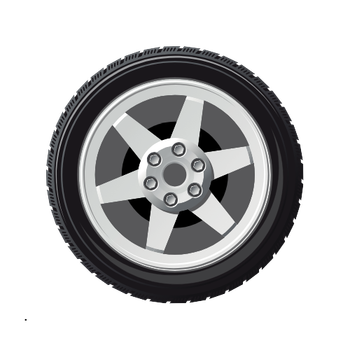 A cartoon illustration of a car wheel with five spokes