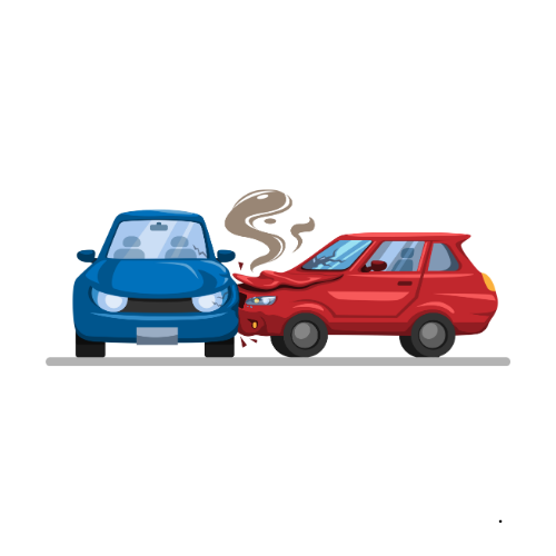 A blue car and a red car are involved in a car accident.