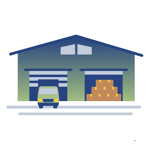 A van is parked in front of a warehouse.