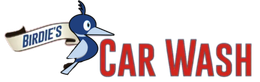 Birdie's Carwash logo: Blue bird perched on a banner. Text reads 