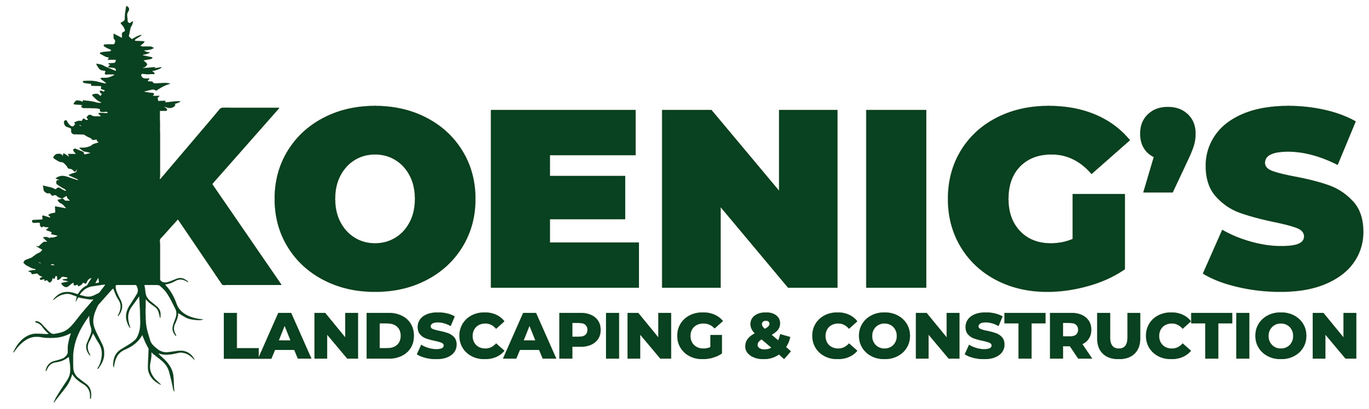 A logo for koenig 's landscaping with a pine tree in the middle.