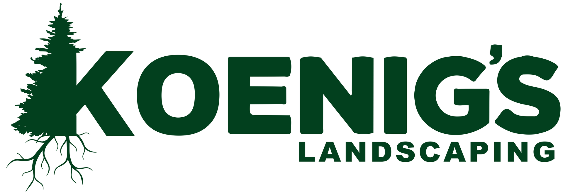 A logo for koenig 's landscaping with a pine tree in the middle.