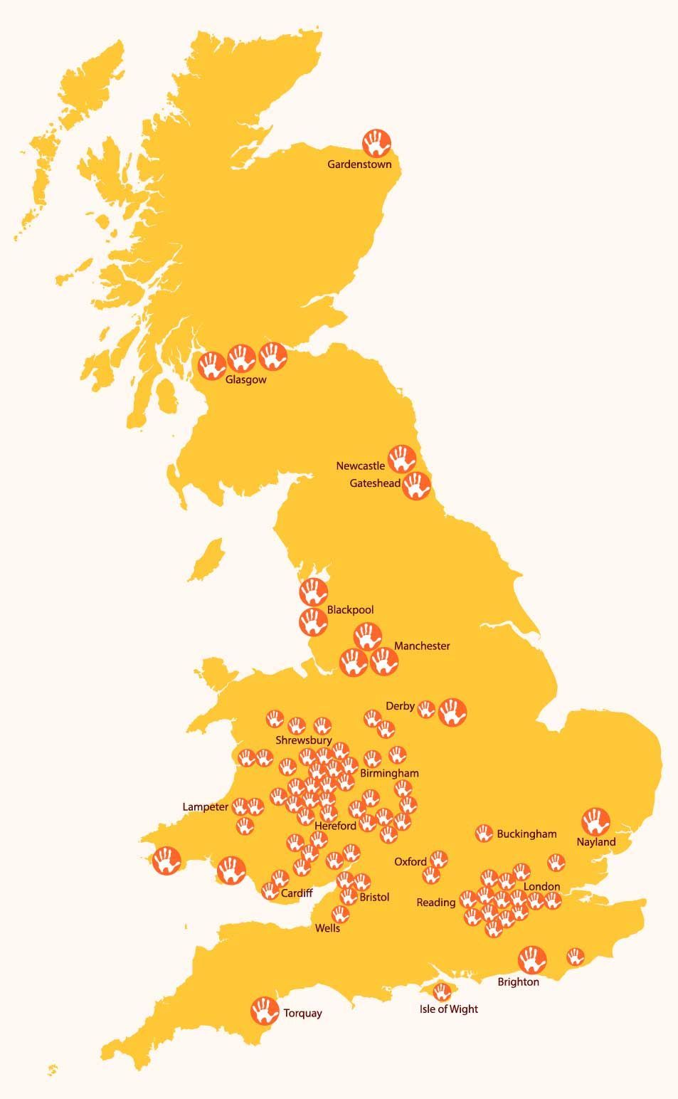 map of UK showing where I have built cob ovens