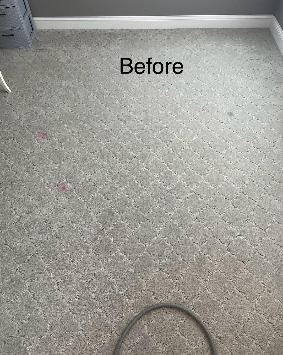 Gray carpet with visible stains labeled 