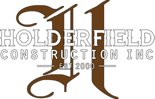 The logo for holderfield construction inc is brown and white.