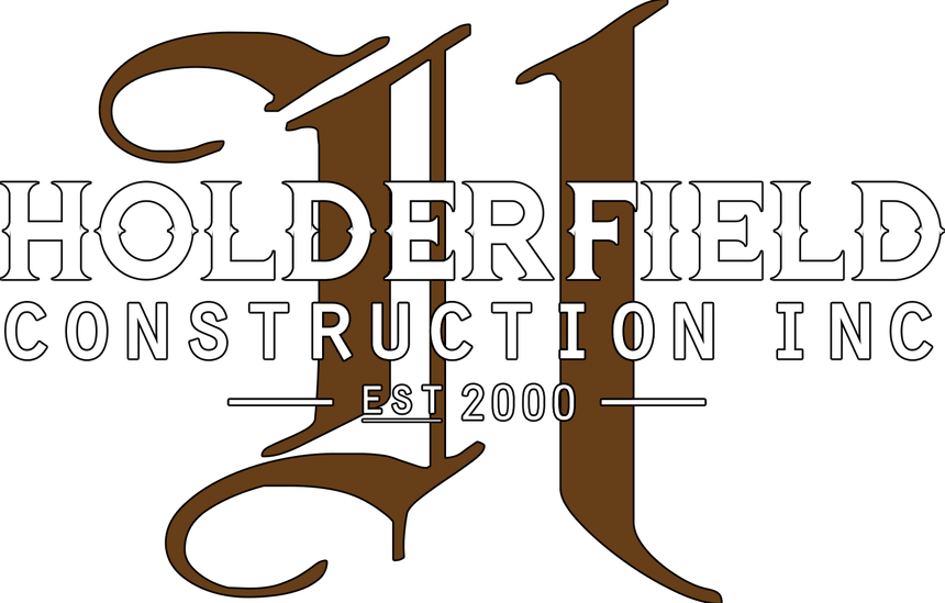 The logo for holderfield construction inc is brown and white.