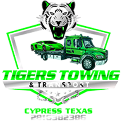 Logo of Tigers Towing & Transport, Cypress Texas, featuring a green tow truck with a car and a tiger graphic.