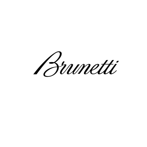 Brunetti logo: Script font, black text on white background.