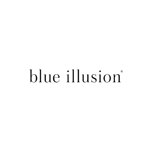 "blue illusion" logo in black font on a white background.