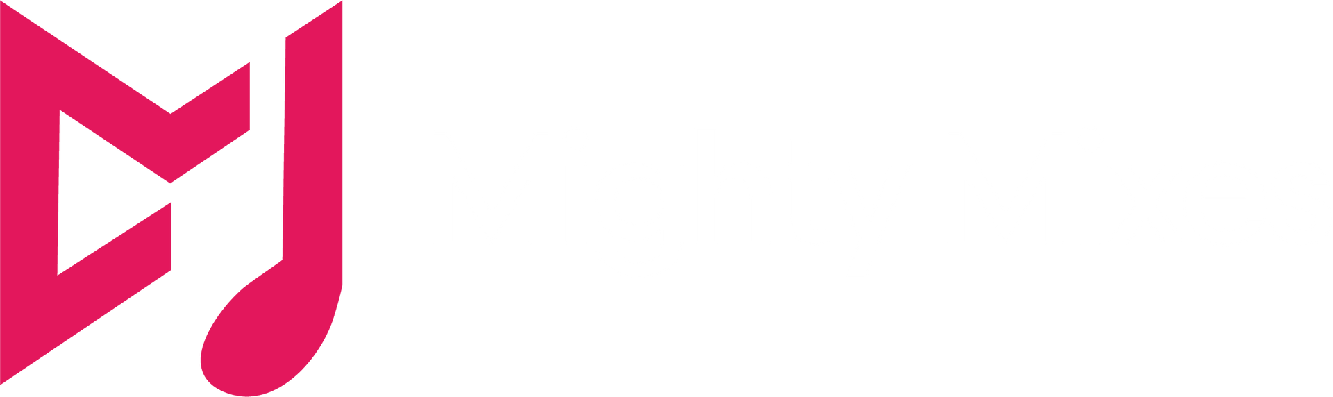 Pink logo featuring a musical note combined with a play button on a white background.