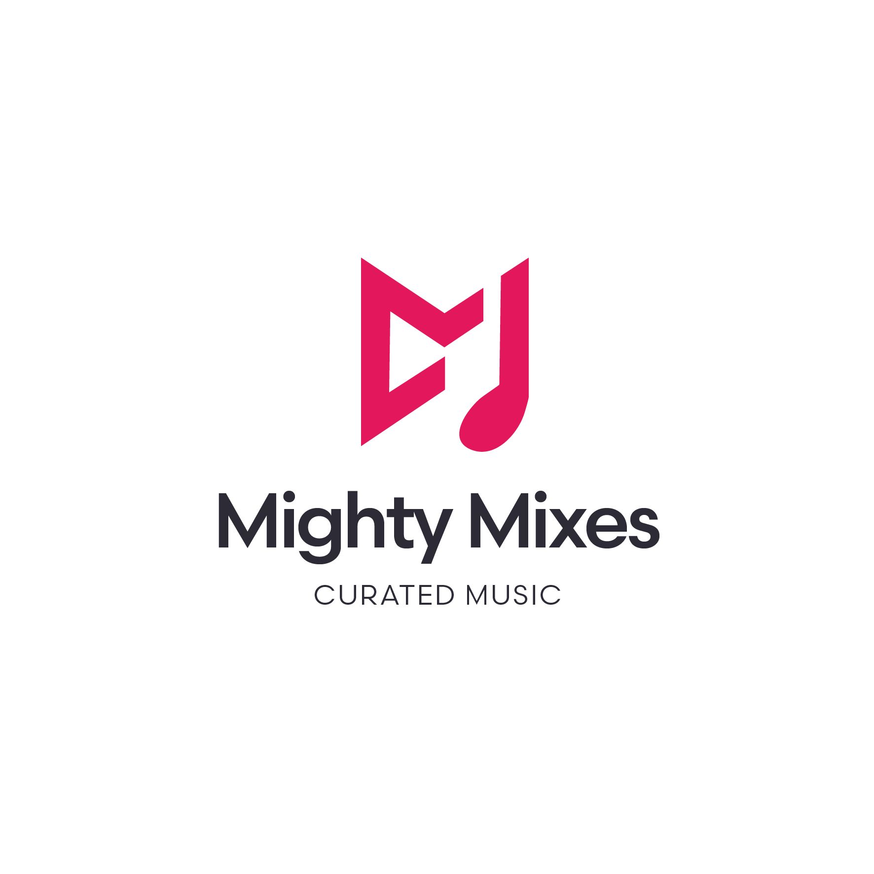 Logo for "Mighty Mixes" with a pink "M" shape incorporating a musical note.