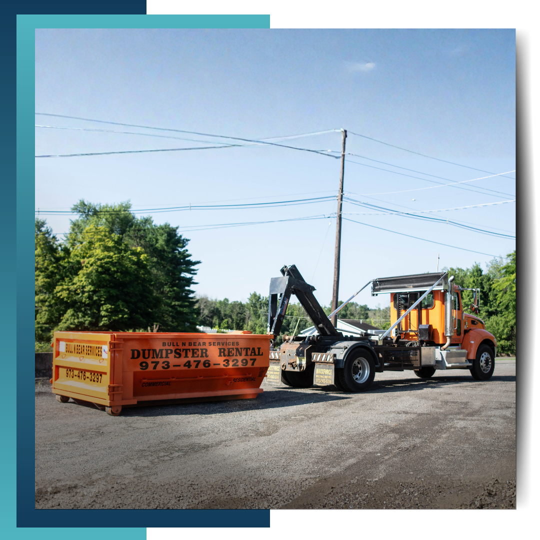 Bull N Bear Dumpster truck in front of a house