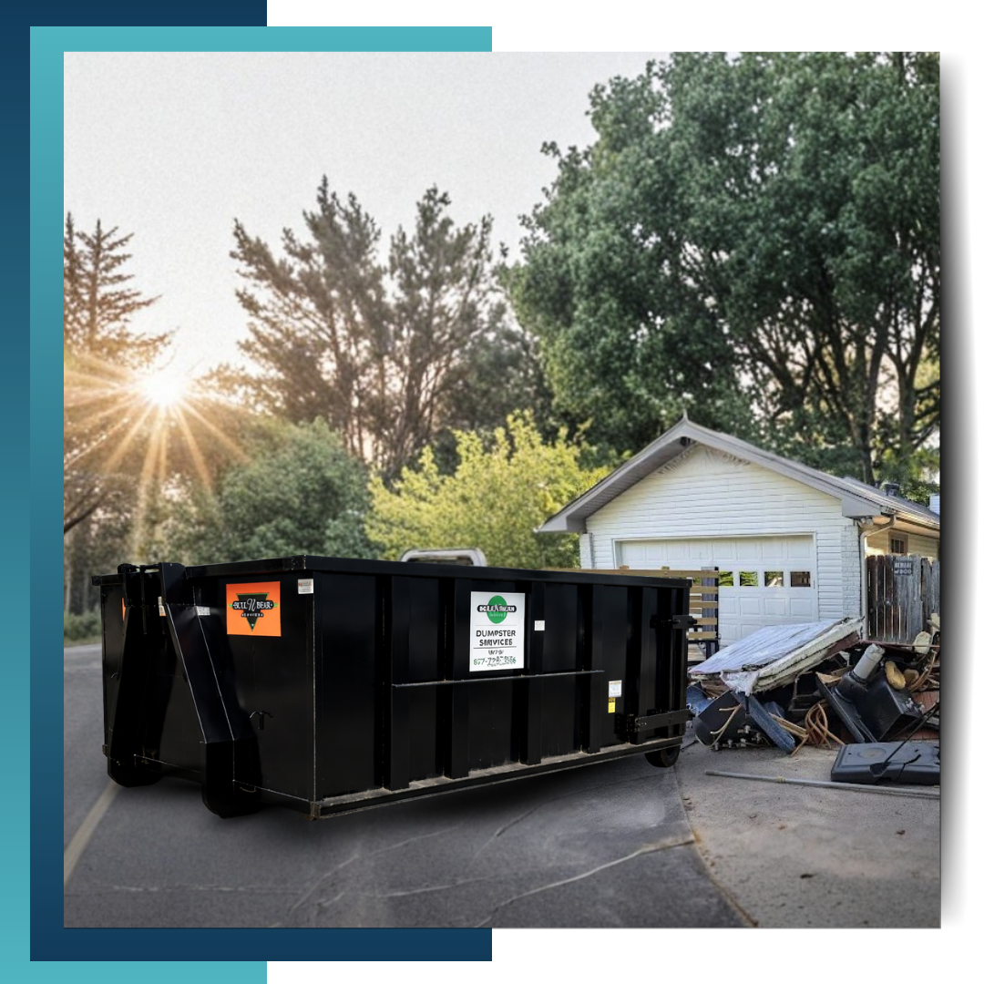 Bull N Bear Dumpster truck in front of a house
