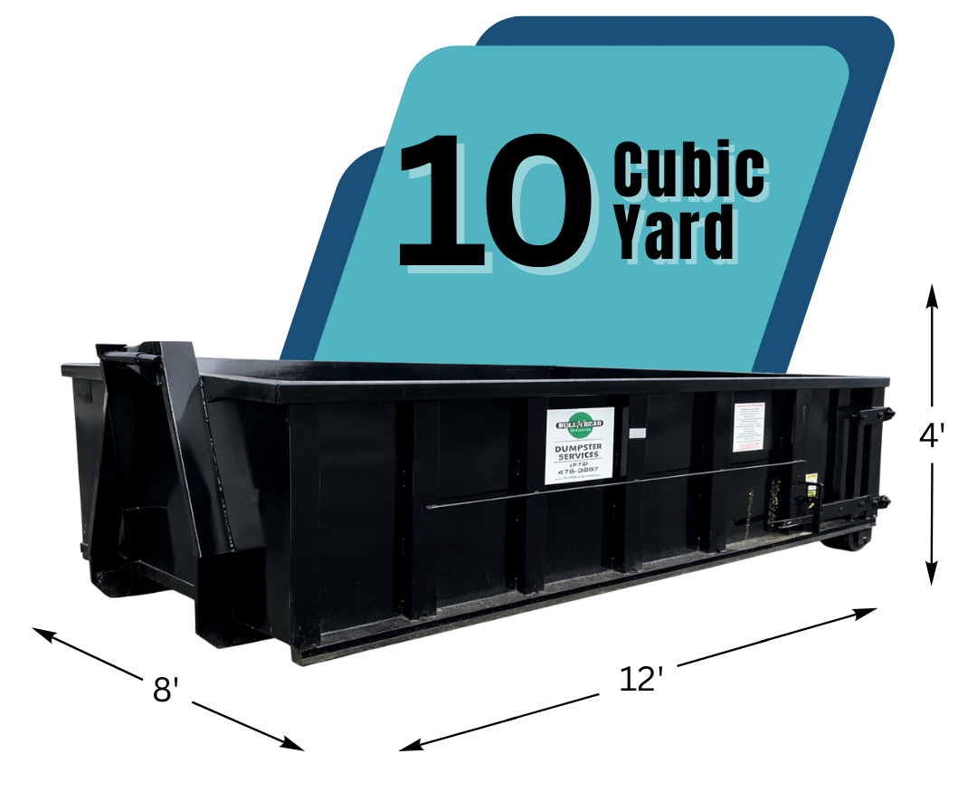 A 10 cubic yard dumpster with texts and graphics
