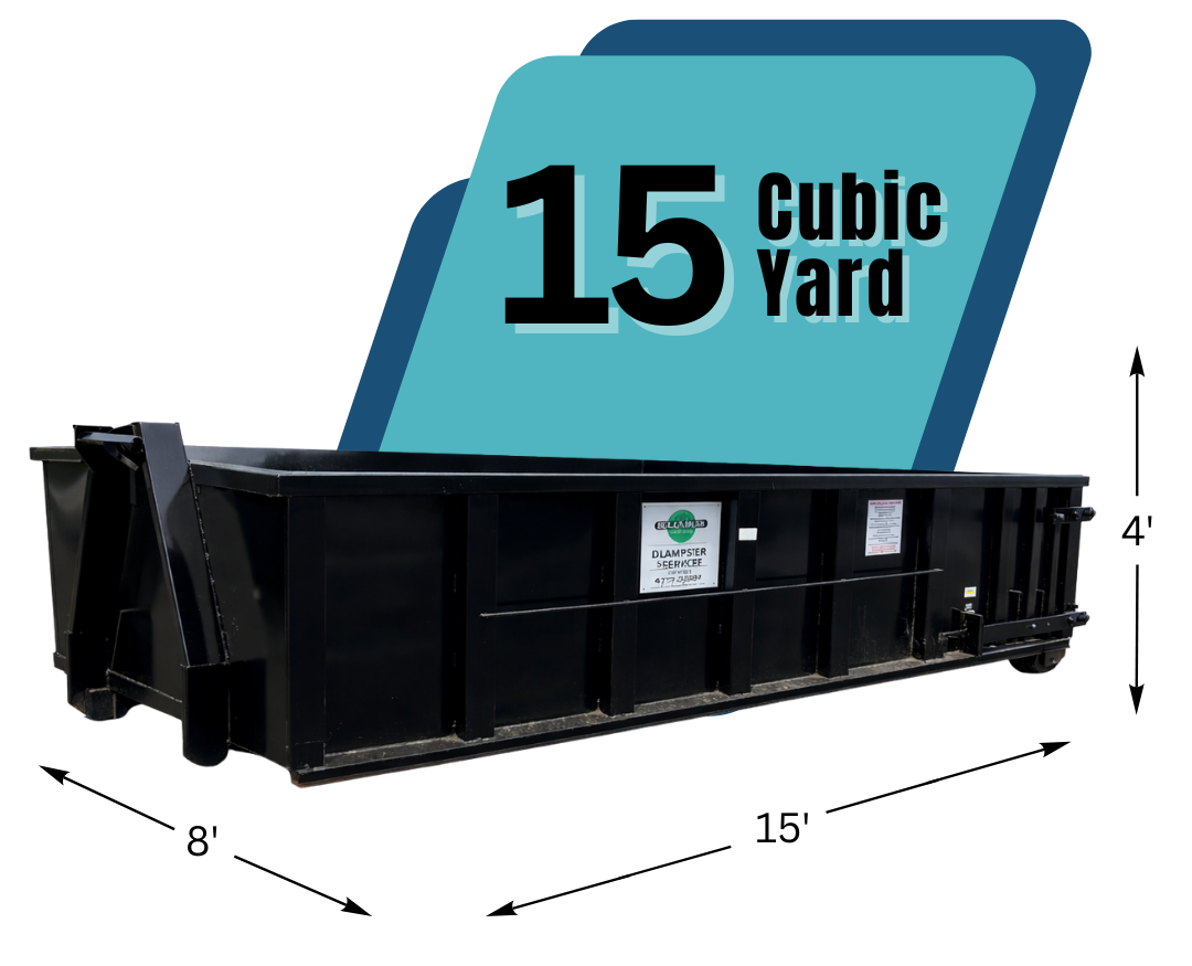 A 15 cubic yard dumpster with texts and graphics