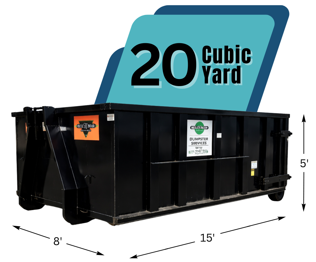 A 20 cubic yard dumpster with texts and graphics