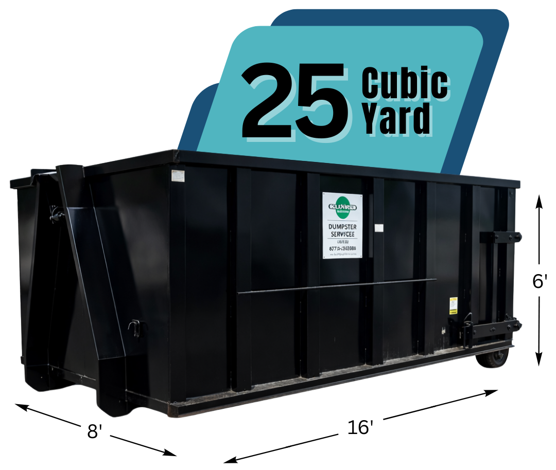 A 25 cubic yard dumpster with texts and graphics