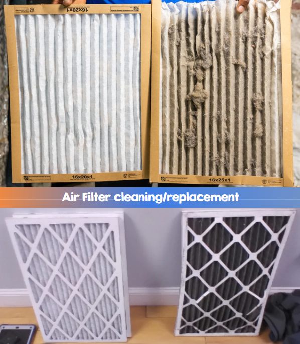 A before and after picture of air filter cleaning and replacement