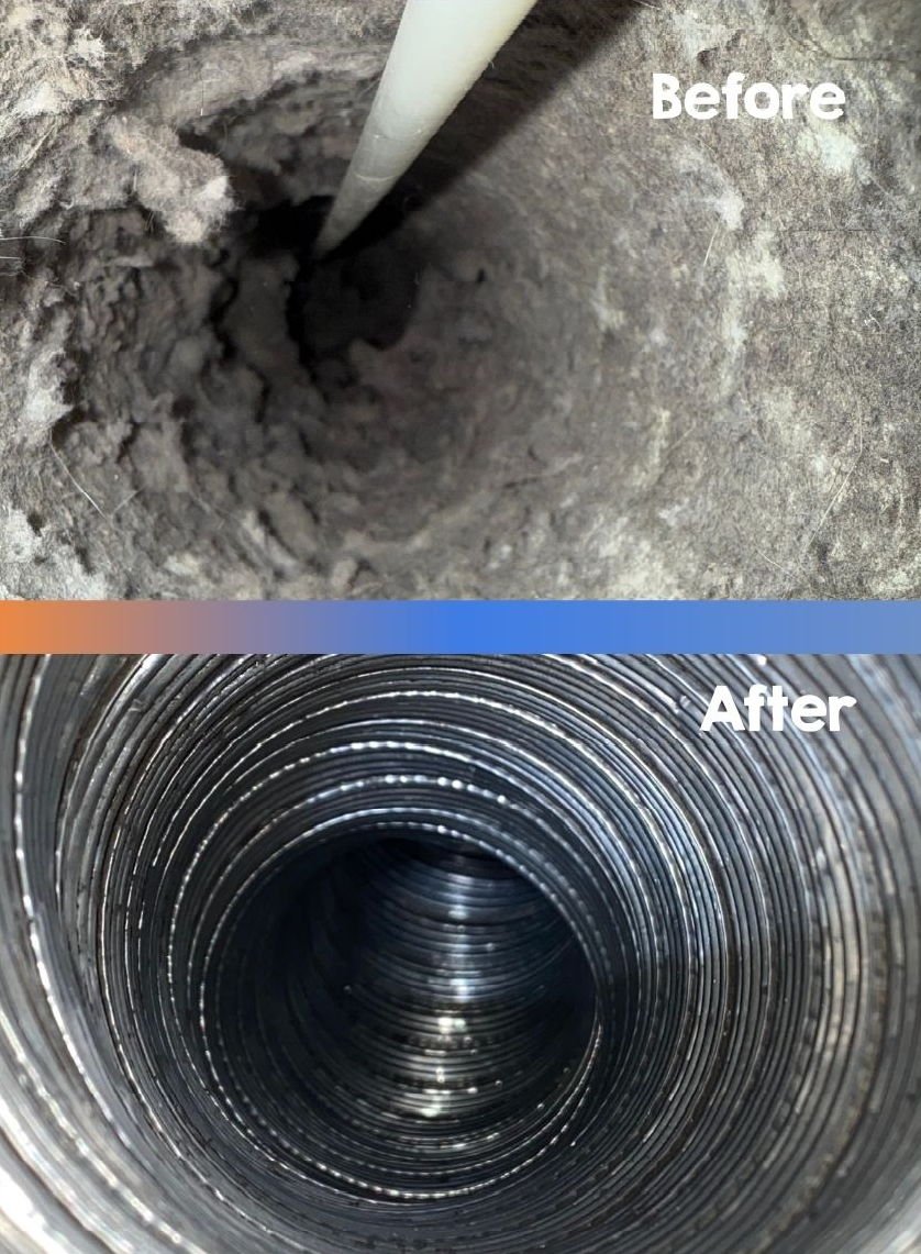 A before and after picture of a duct being cleaned.