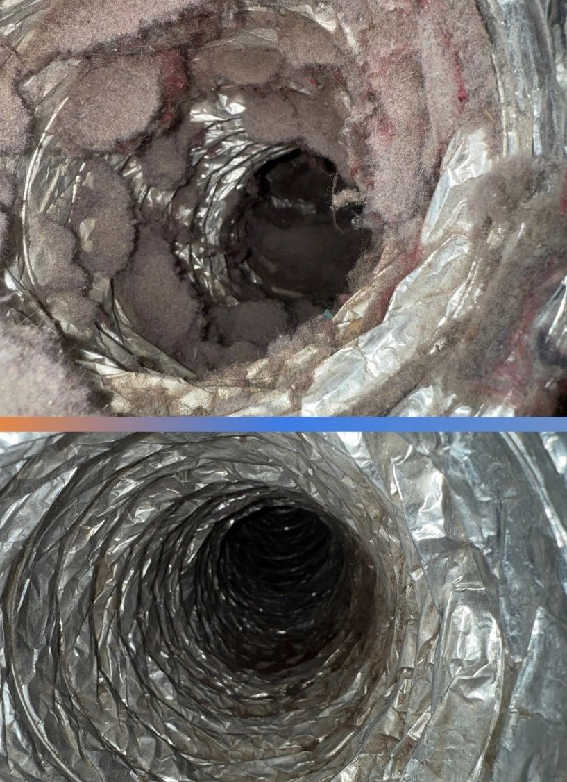 A before and after picture of a dirty air duct.