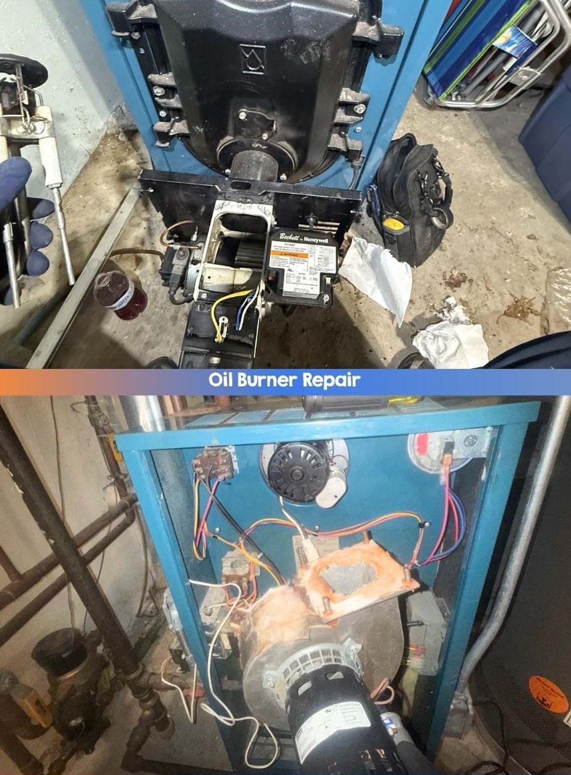 A before and after picture of a oil burner repair.