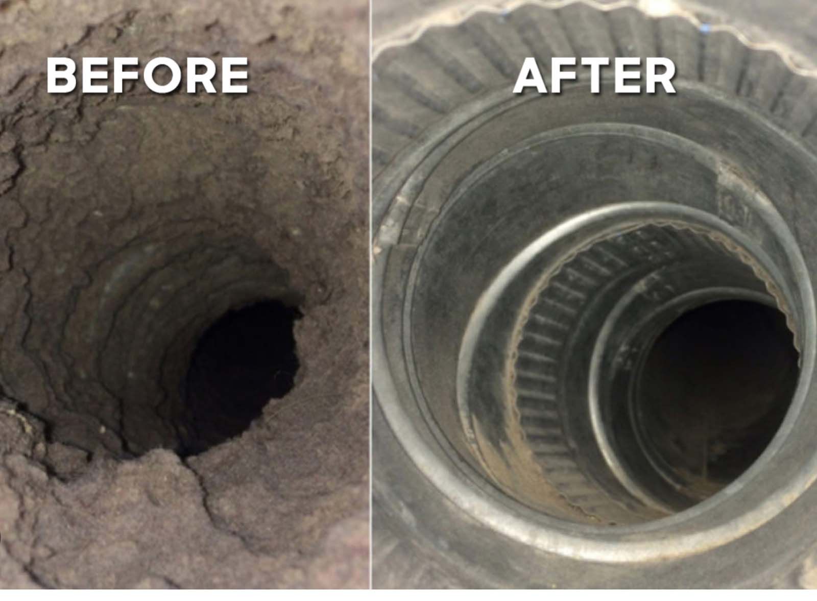 A before and after picture of a duct that has been cleaned