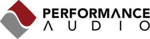 A logo for performance audio with a red and gray diamond.