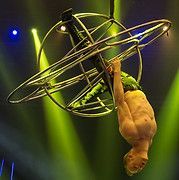 Man performing aerial acrobatics inside a metal cage, hanging upside down. Stage lights, green and yellow.
