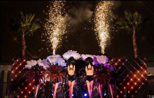 Women in stage costumes with fireworks and palm trees at night.