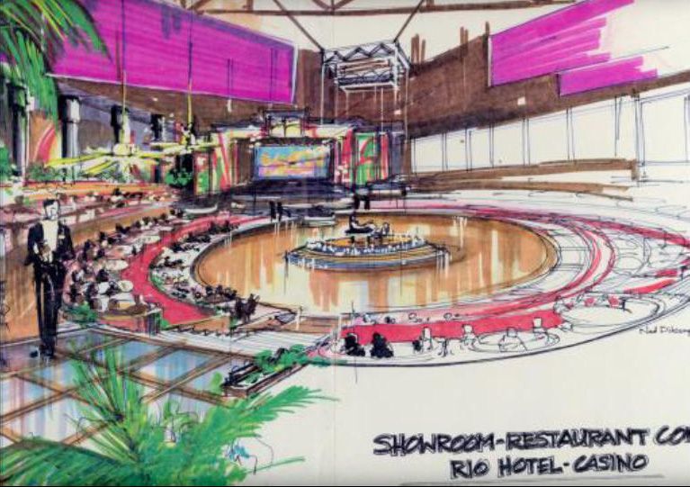 Architectural rendering of a Rio Hotel casino showroom with a circular stage and restaurant seating. Pink and brown colors.