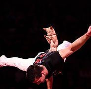 Man doing handstand, balanced with one arm, with a small dog perched on his back, red background.