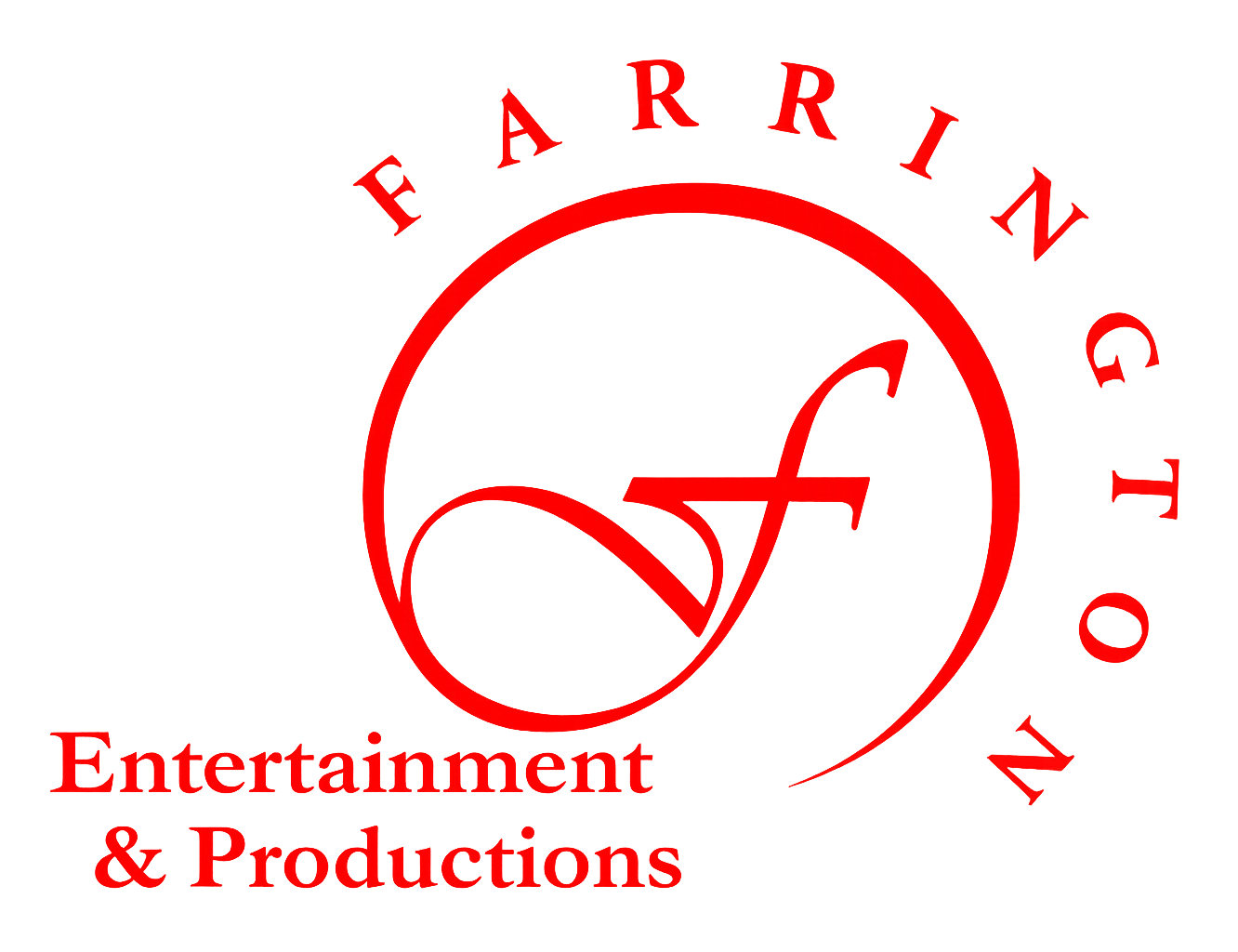 Red logo for Farrington Entertainment & Productions, featuring a stylized 