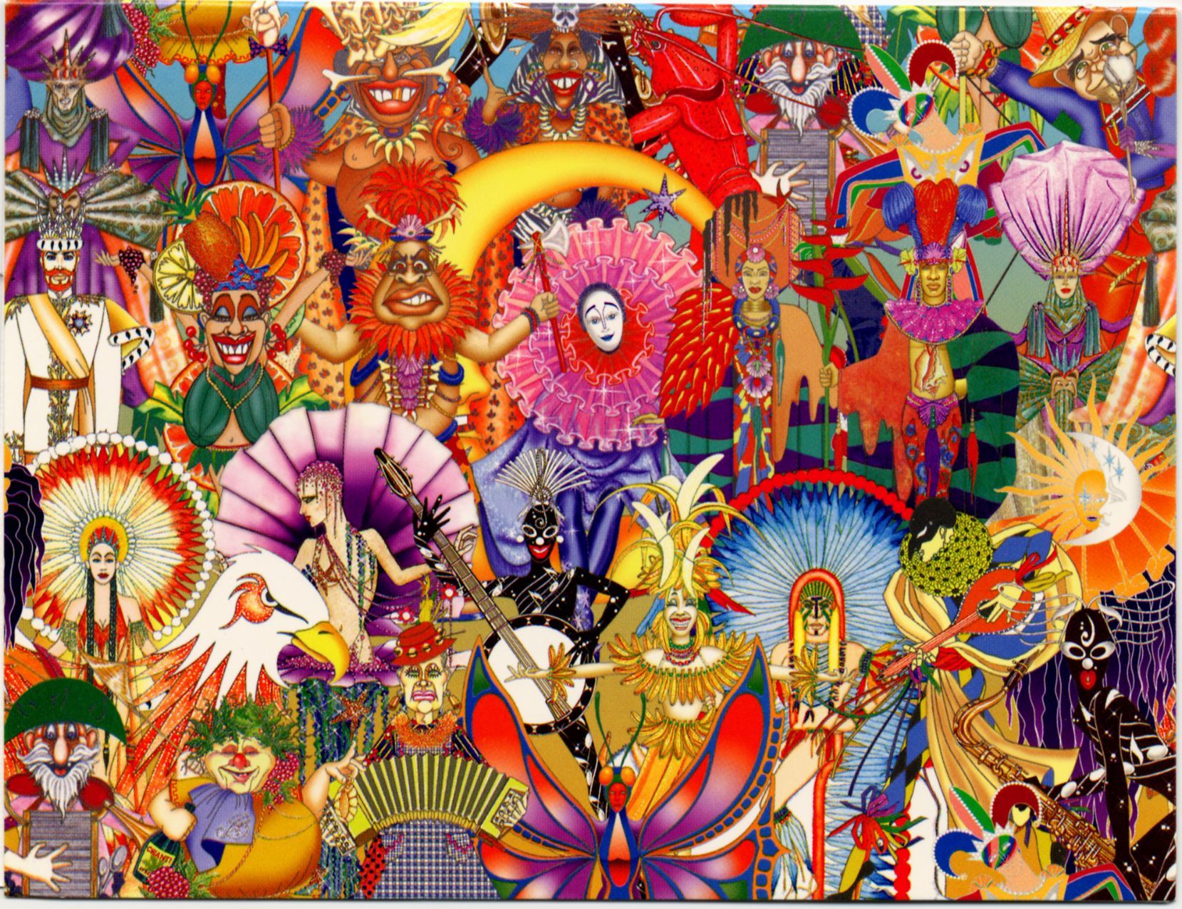 Colorful, crowded carnival scene with costumed figures, masks, and vibrant decorations.