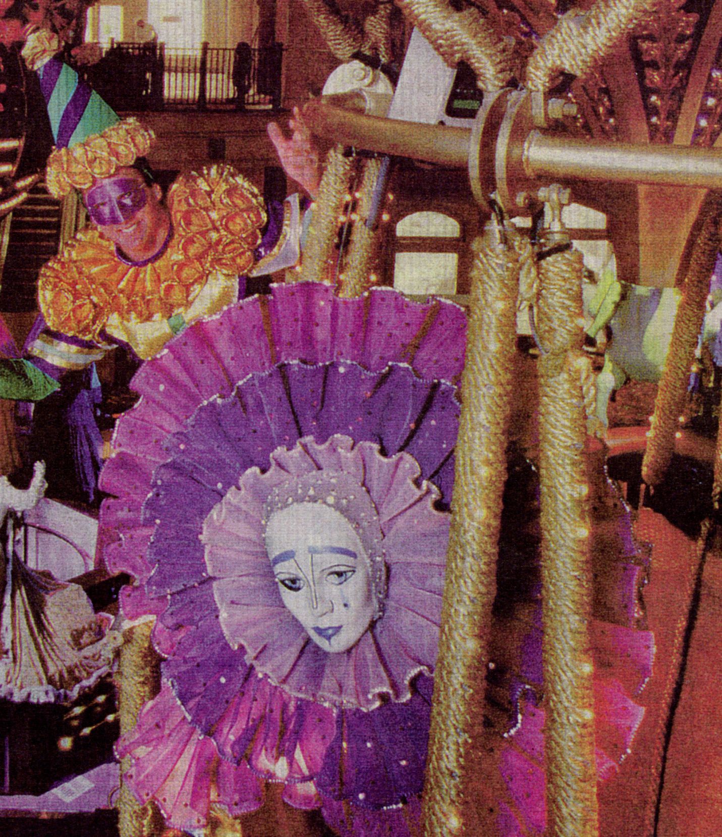 Mardi Gras parade float with a sad-faced jester, surrounded by purple, gold, and festive decorations.