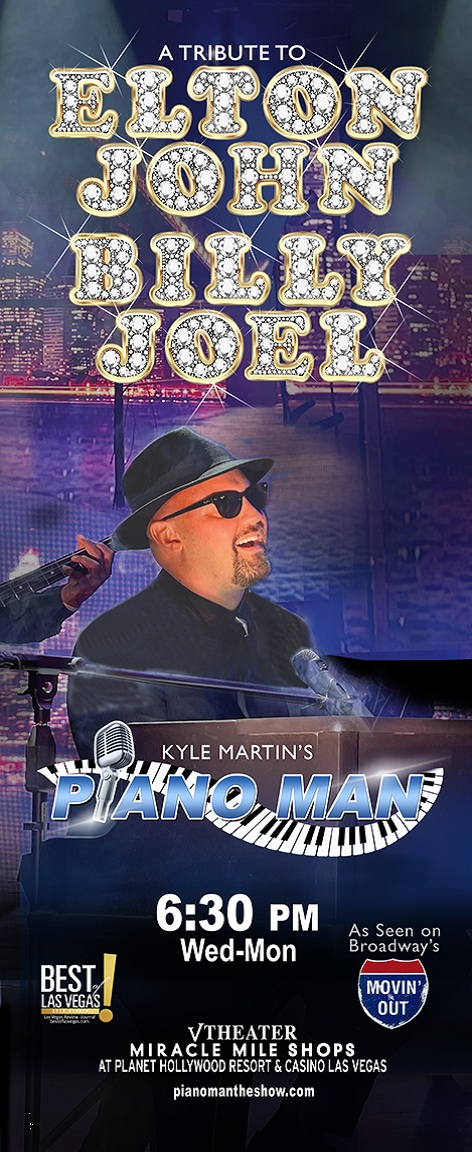 Poster for a tribute show to Elton John and Billy Joel. A performer at a piano. Dark blue background.
