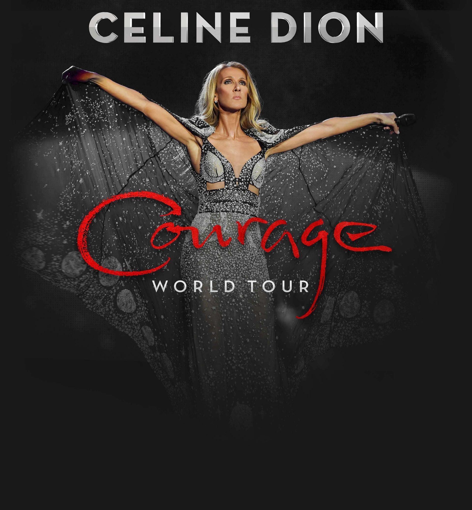 Celine Dion in a sparkly gown with arms outstretched on the 