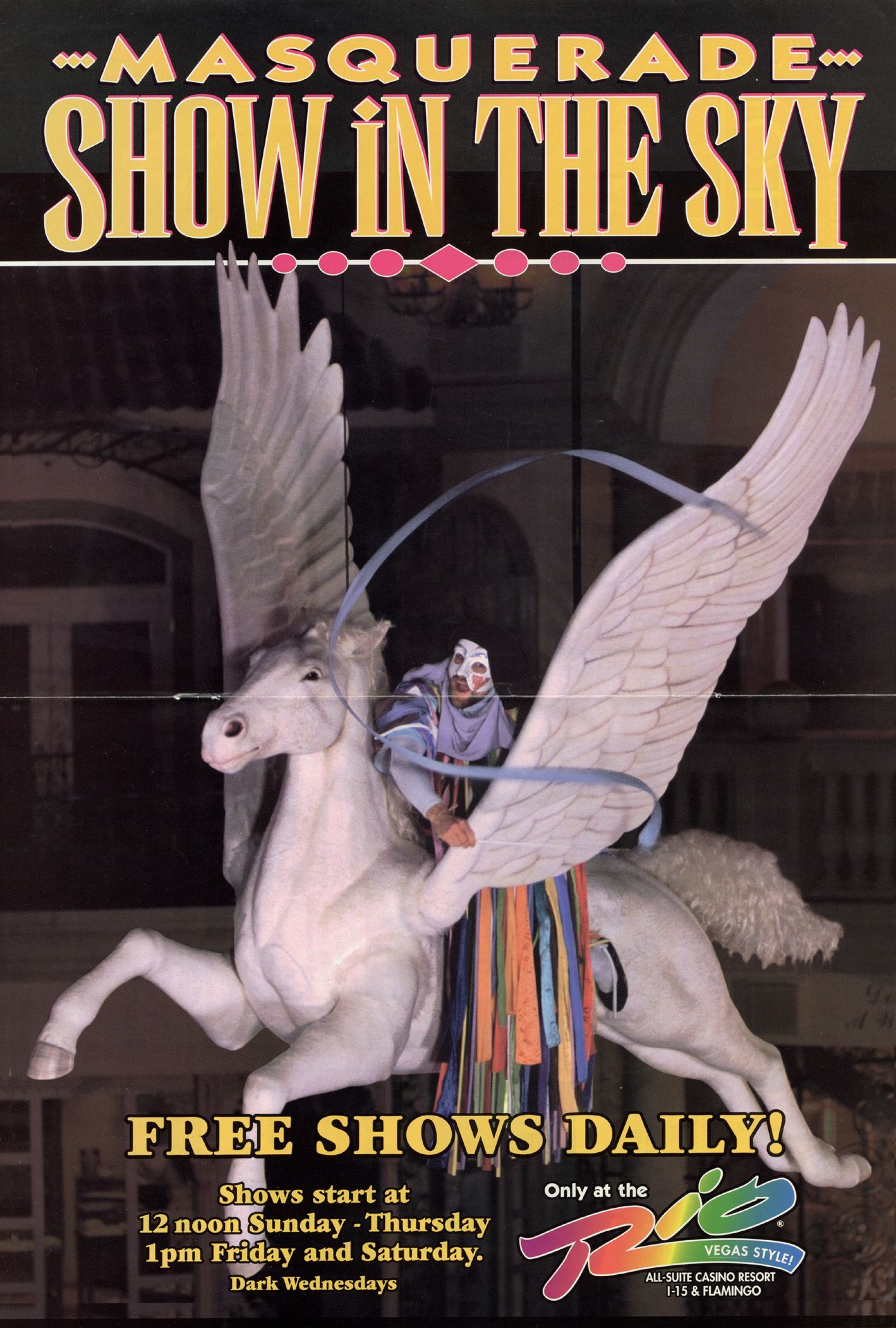 A masked performer rides a winged horse in the sky. The show is free and in the sky.