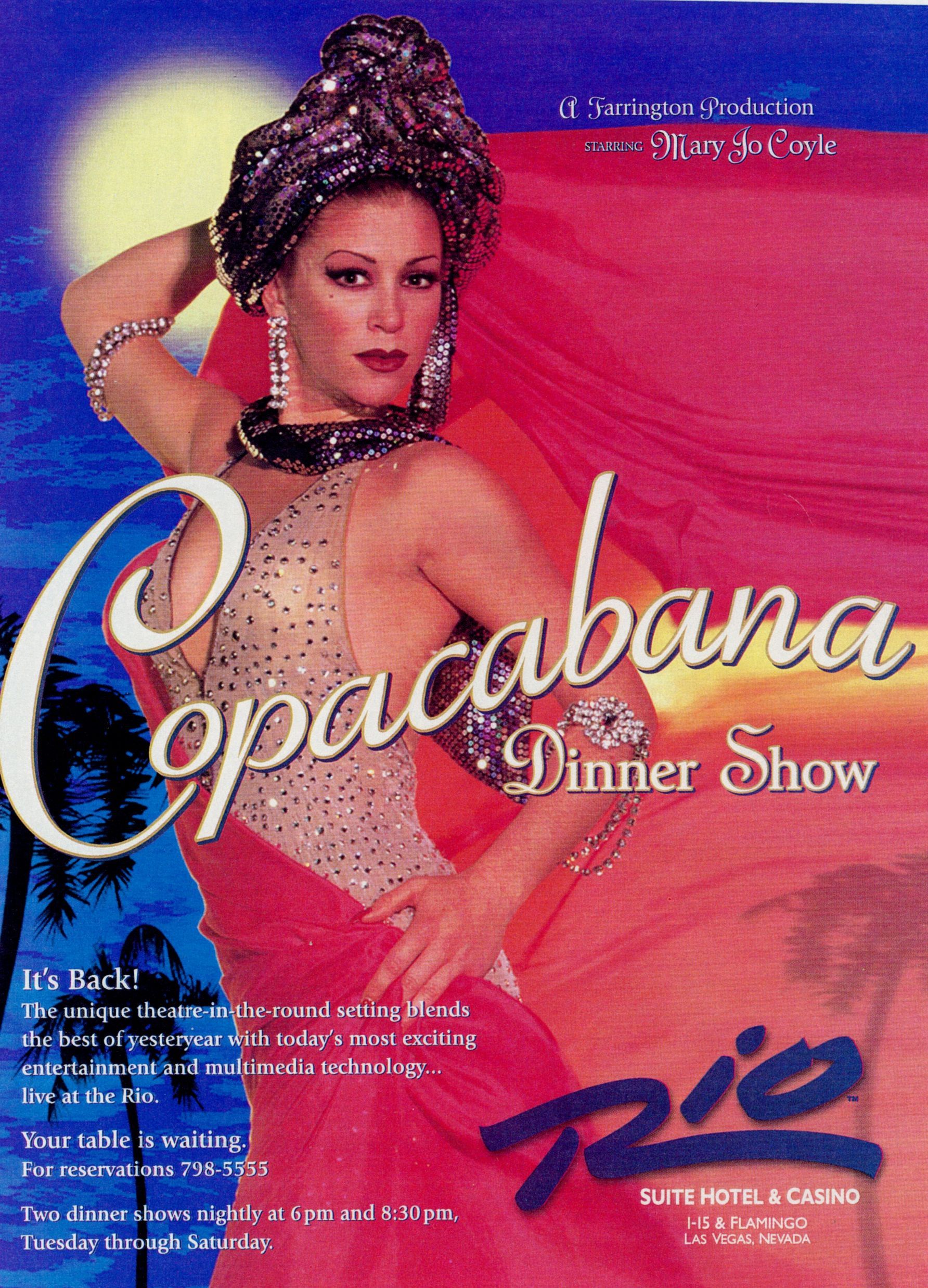 Poster for Copacabana Dinner Show at Rio Casino. Woman in sparkly outfit poses, red/gold colors.