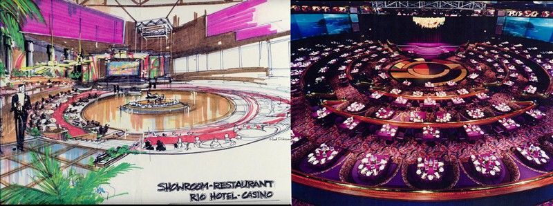 A comparison of a sketch and a photo of the Sahara Restaurant at the Sahara Hotel-Casino, Las Vegas.